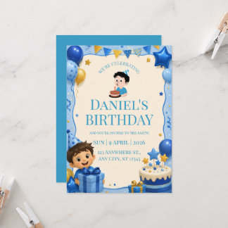 Invitation anniversaire garçon mignon bleu et or