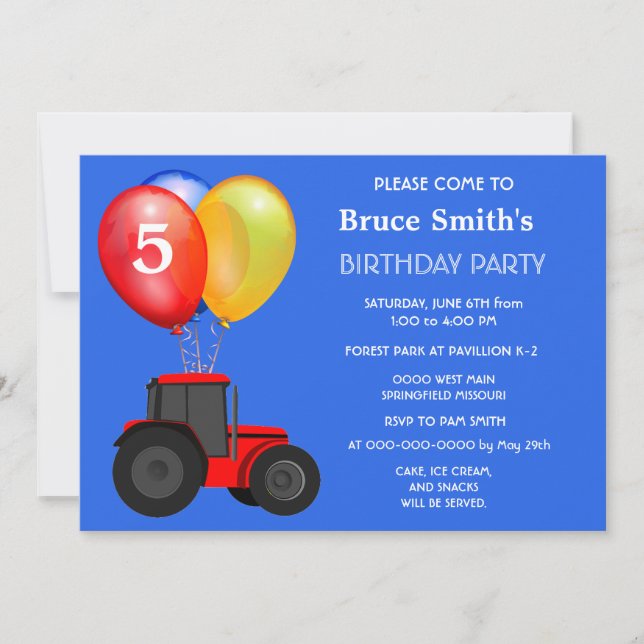 Invitation Anniversaire Garçon Tracteur rouge et ballons (Devant)