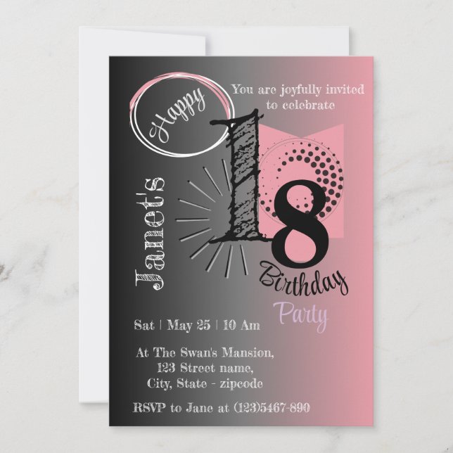 Invitation Anniversaire géométrique stylé rose et noir (Devant)