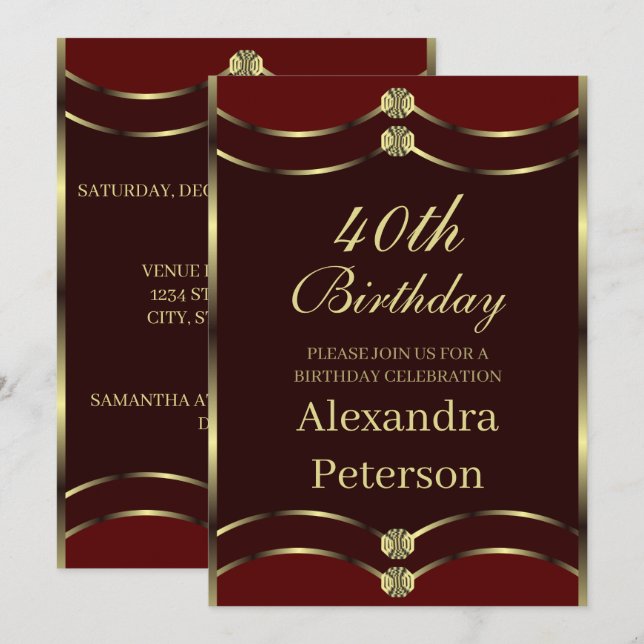 Invitation Anniversaire Géométrique Unique Maron Rouge Et Or (Devant / Derrière)