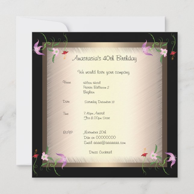 Invitation Anniversaire Glamor Floral (Devant)