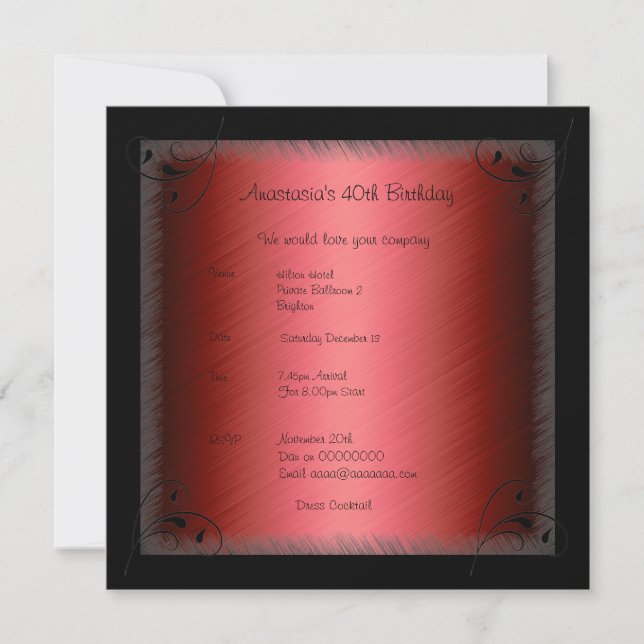 Invitation Anniversaire Glamor Rouge Noir Floral (Devant)