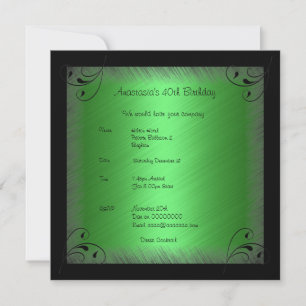 Invitation Anniversaire Glamour Vert Noir Floral