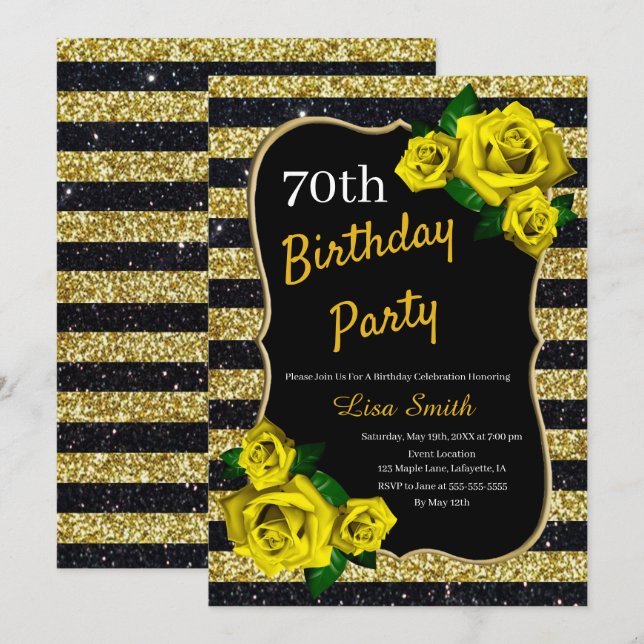 Invitation Anniversaire Gold Black Stripes Parties scintillan (Devant / Derrière)