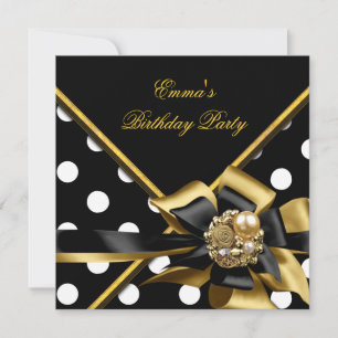 Invitation Anniversaire Gold Black White Polka Dot Image
