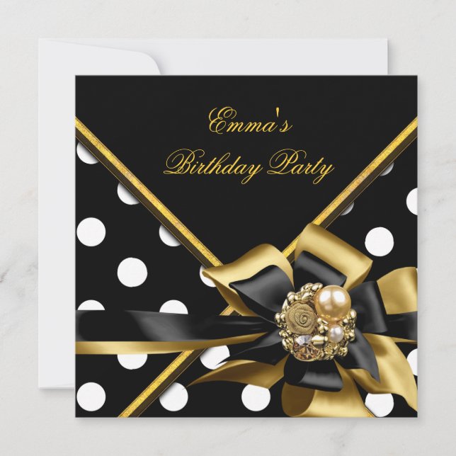 Invitation Anniversaire Gold Black White Polka Dot Image (Devant)