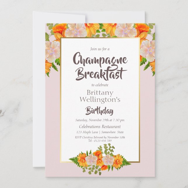 Invitation Anniversaire Gold Blush Floral Champagne Petit déj (Devant)