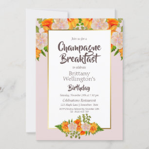 Invitation Anniversaire Gold Blush Floral Champagne Petit déj