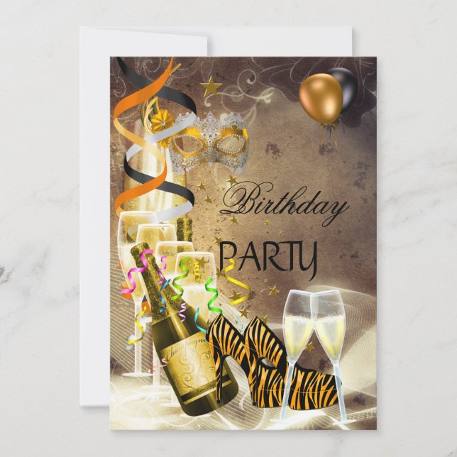 Invitation Anniversaire Gold Champagne Masque de chaussures (Devant)