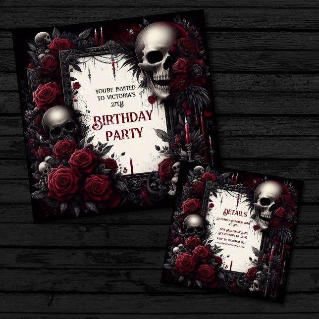 Invitation Anniversaire gothique rouge et noir (Image shows front and back of invitation.)