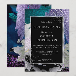 Invitation Anniversaire   Gras Violet Turquoise Brush Strots