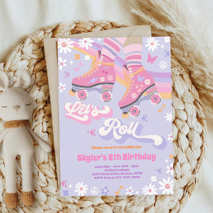 Invitation Anniversaire Groovy 70s Patin à Roulettes Arc-en-C