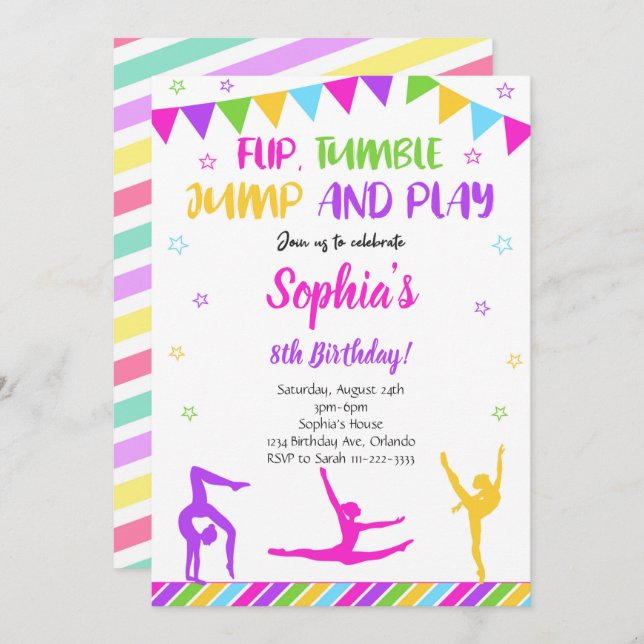Invitation Anniversaire Gymnastique Flip Tumble (Devant / Derrière)