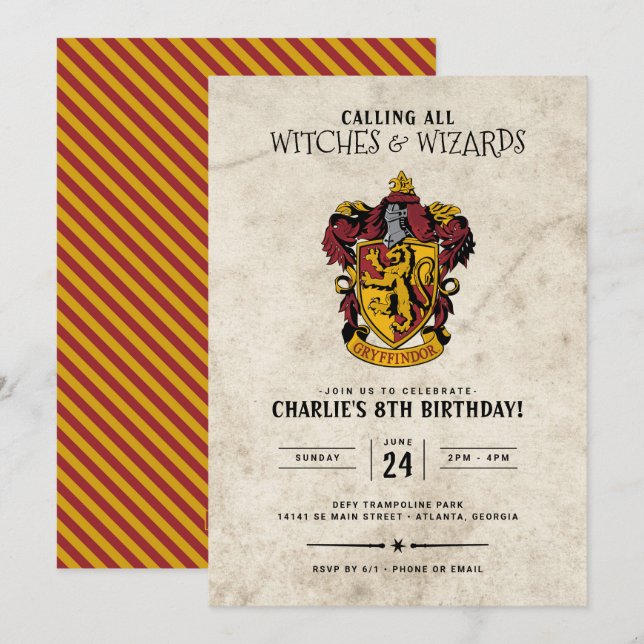 Invitation Anniversaire Harry Potter | Gryffindor (Devant / Derrière)