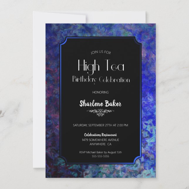 Invitation Anniversaire haute Thé noir avec bordure bleue (Devant)