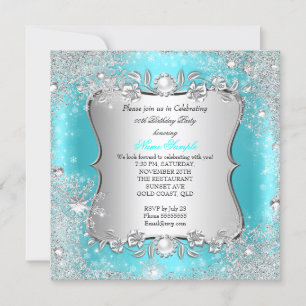 Invitation Anniversaire Hiver Merveilleux Turquoise Argent Fl