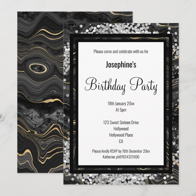 INVITATION ANNIVERSAIRE HOLOGRAPHIQUE EN MARBRE NOIR OR ÉLÉGA (Devant / Derrière)
