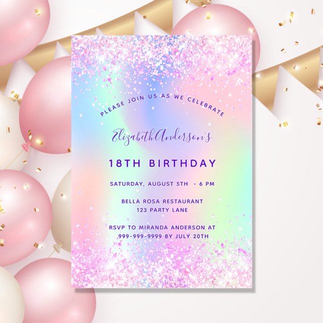 Invitation Anniversaire holographique rose violet (Créateur téléchargé)