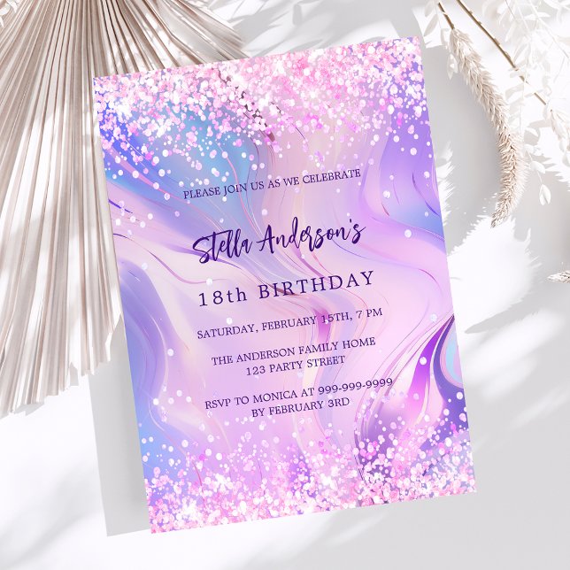 Invitation Anniversaire holographique rose violet (Créateur téléchargé)