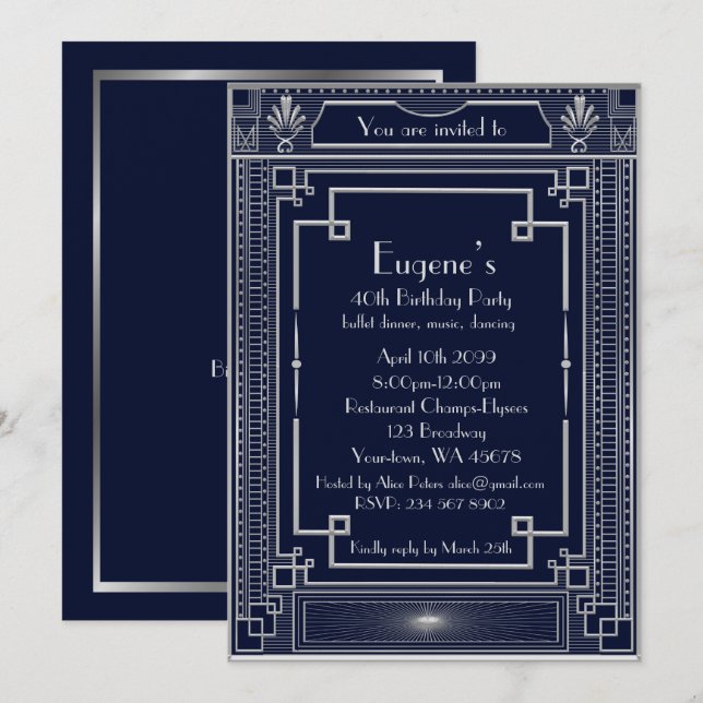 Invitation Anniversaire homme de fête, argent style Gatsby, m (Devant / Derrière)