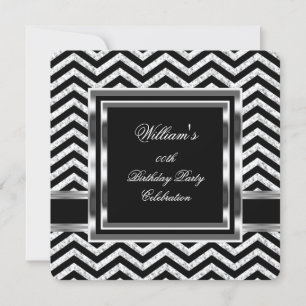 Invitation Anniversaire Homme Élégant Chevron Noir Argent Fêt