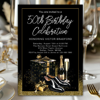 Invitation Anniversaire Homme Or Noir Élégant Luxueux