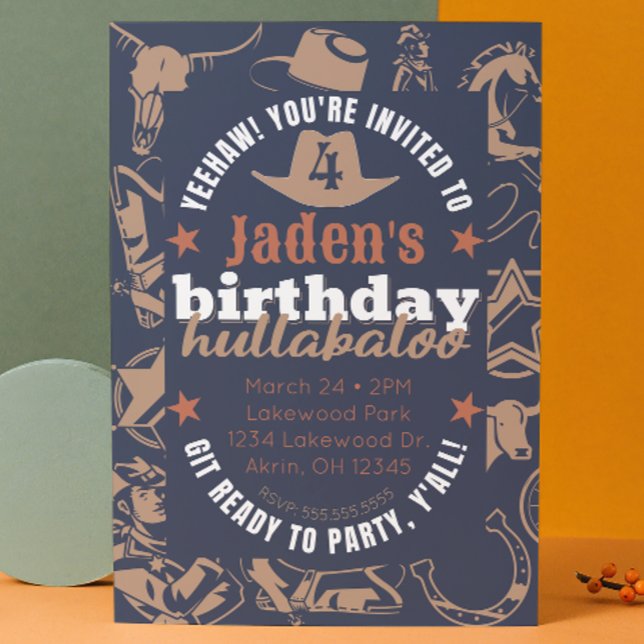 Invitation "Anniversaire Hullabaloo" Enfant Cowboy Occidental (cowboy "birthday hullabaloo" party invitation customizable. blue and tan, western theme )
