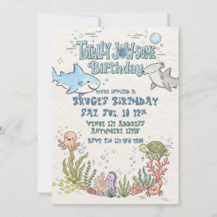 Invitation Anniversaire illustré de requin totalement génial