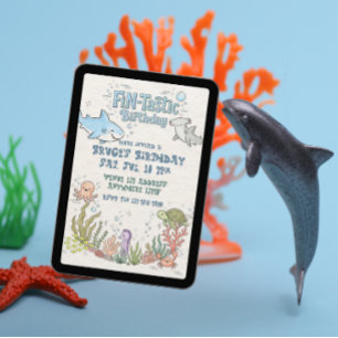 Invitation Anniversaire illustré requin heureux Fin-Tastic