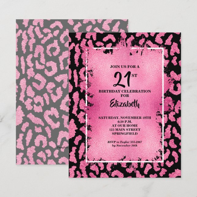 Invitation Anniversaire Imprimé Léopard Rose et Noir Chic (Devant / Derrière)
