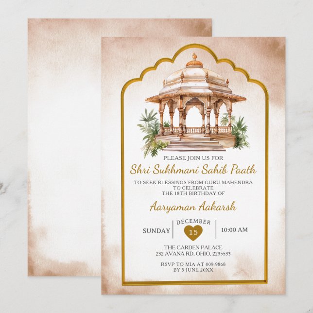 Invitation Anniversaire indien hindou d'or Sukhmani Sahib Paa (Devant / Derrière)