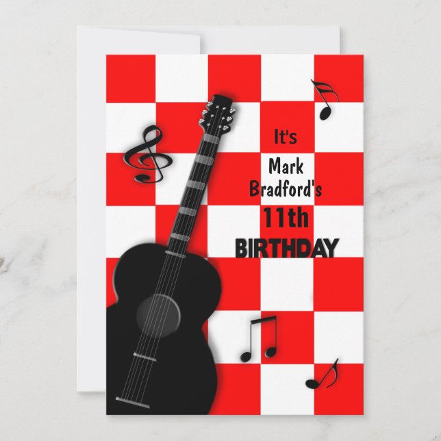 Invitation Anniversaire INSERT Nom/âge Guitare, Rouge/Blanc/N (Devant)
