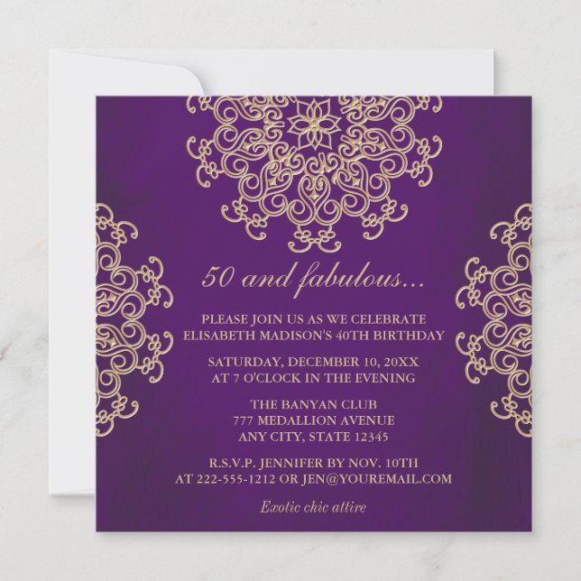 INVITATION ANNIVERSAIRE INSPIRÉ DE L'INDIEN PUPPLE ET GOLD (Devant)
