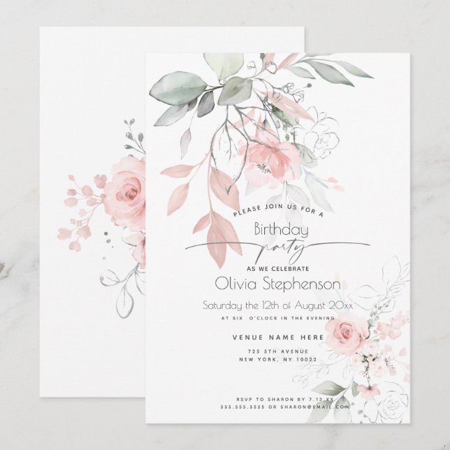 Invitation Anniversaire | Joli Roses de chalet rose (Devant / Derrière)