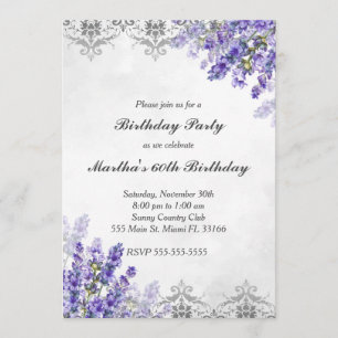 Invitation anniversaire lavande florale argent