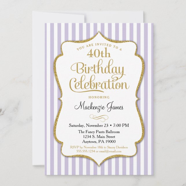 Invitation Anniversaire Lavender Lilac Gold Adulte (Devant)