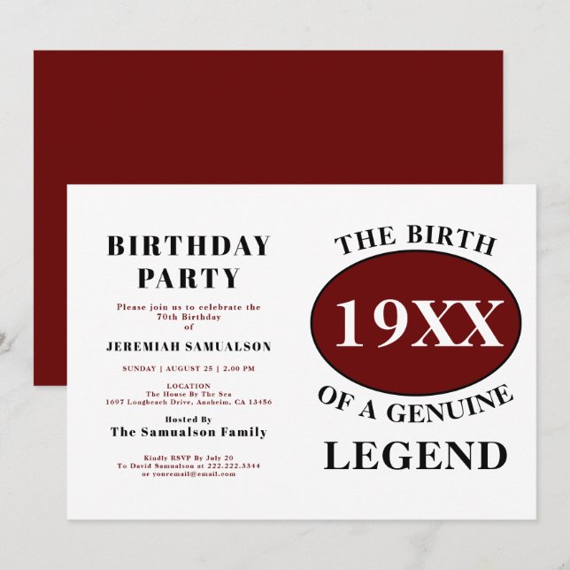 Invitation Anniversaire Légende Nom Année Humour Anniversaire (Devant / Derrière)