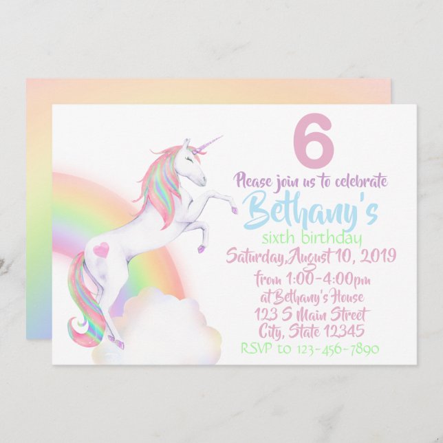 Invitation Anniversaire Licorne (Devant / Derrière)