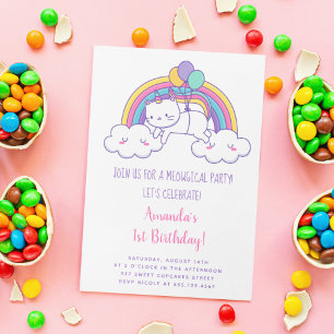 Invitation anniversaire licorne féline arc-en-ciel
