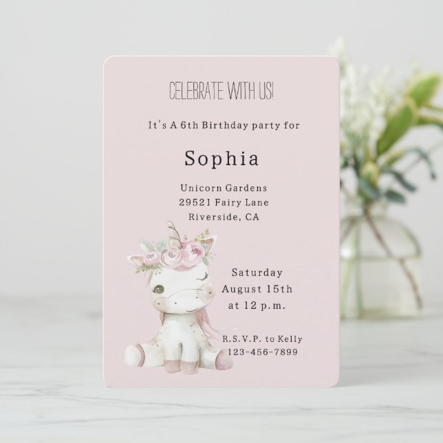 Invitation Anniversaire Licorne Fleurie Rose Pâle (Debout devant)