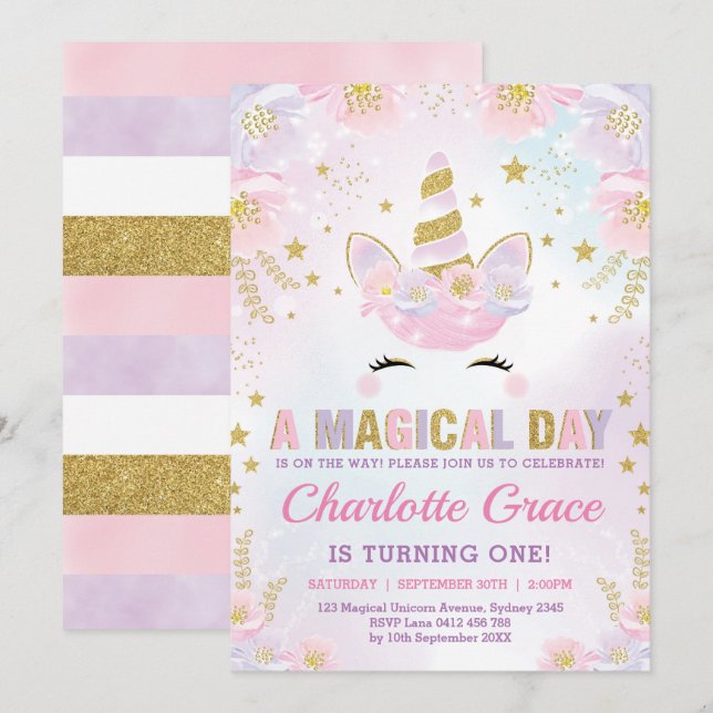 Invitation Anniversaire Licorne Magique / Floral P (Devant / Derrière)