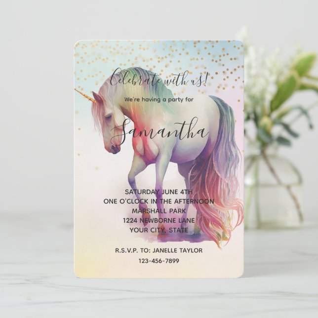 Invitation Anniversaire Licorne Paillettes Confettis Dorés (Debout devant)