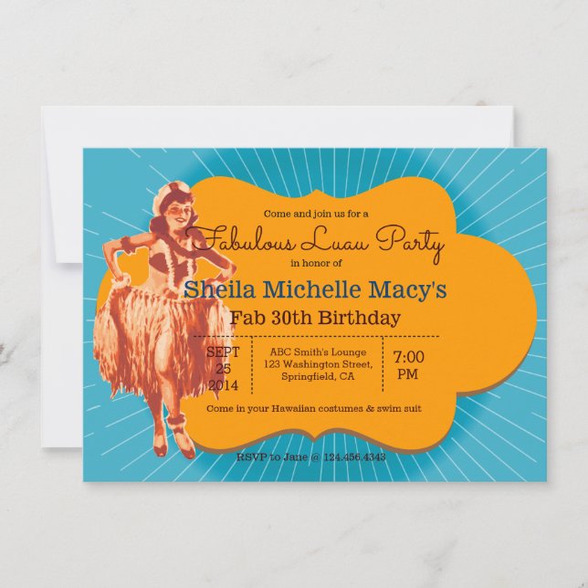 Invitation Anniversaire Luau Party Retro Style Pinup (Devant)