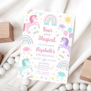 Invitation Anniversaire Magique Licorne Arc-en-ciel 4 Ans Pou
