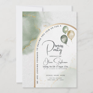 Invitation Anniversaire Marbre Abstrait Sauge Muted