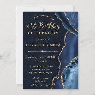 Invitation Anniversaire Marbre et Agate Pailleté Bleu et Or