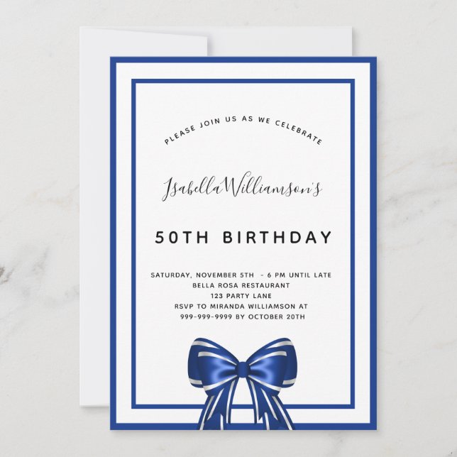 Invitation Anniversaire marine bleu blanc élégant script arc (Devant)