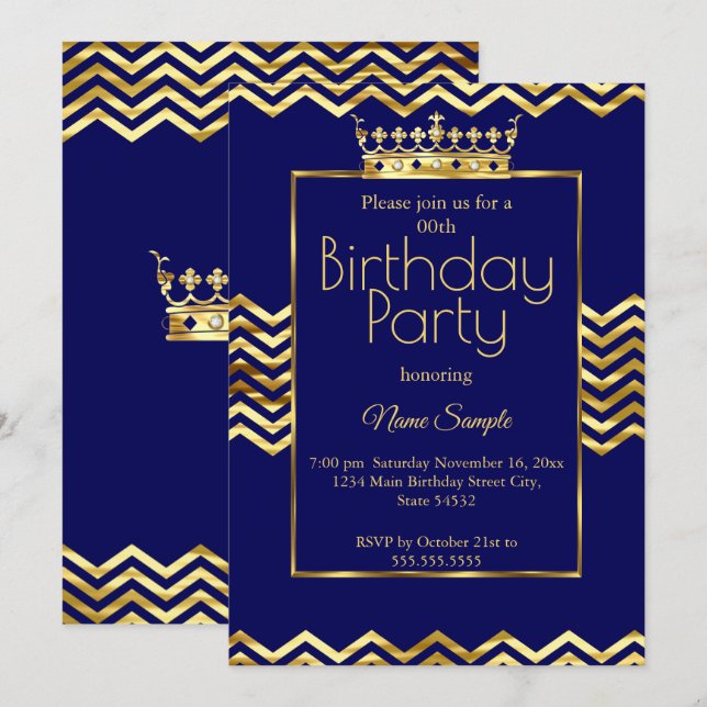Invitation Anniversaire Marine Blue Gold Crown Chevron (Devant / Derrière)