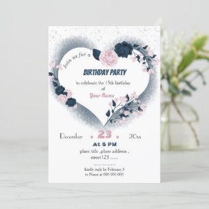 Invitation anniversaire marine et coeur rose floral