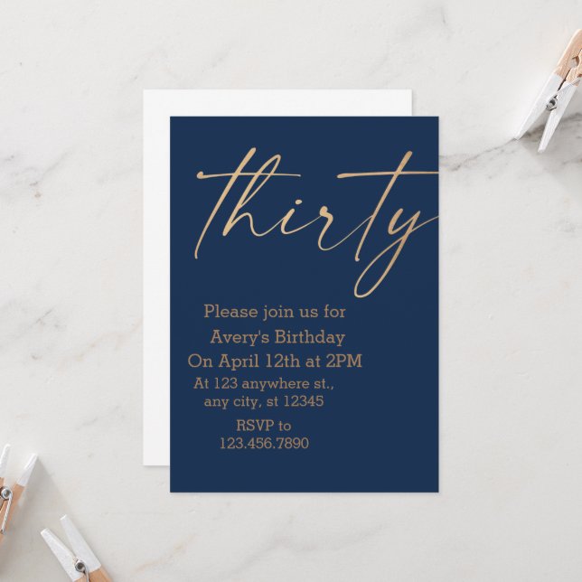 Invitation Anniversaire Marine et Or (Devant/Arrière en situation)